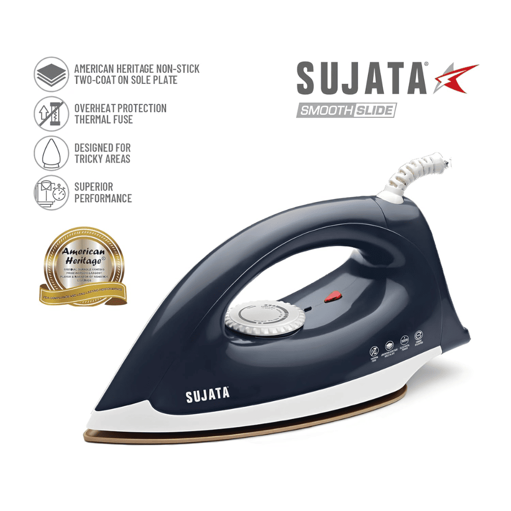 Sujata 1100 Watts Double Coat Non Stick Stainless Steel Dry Iron (Smooth slide, White, Orange)