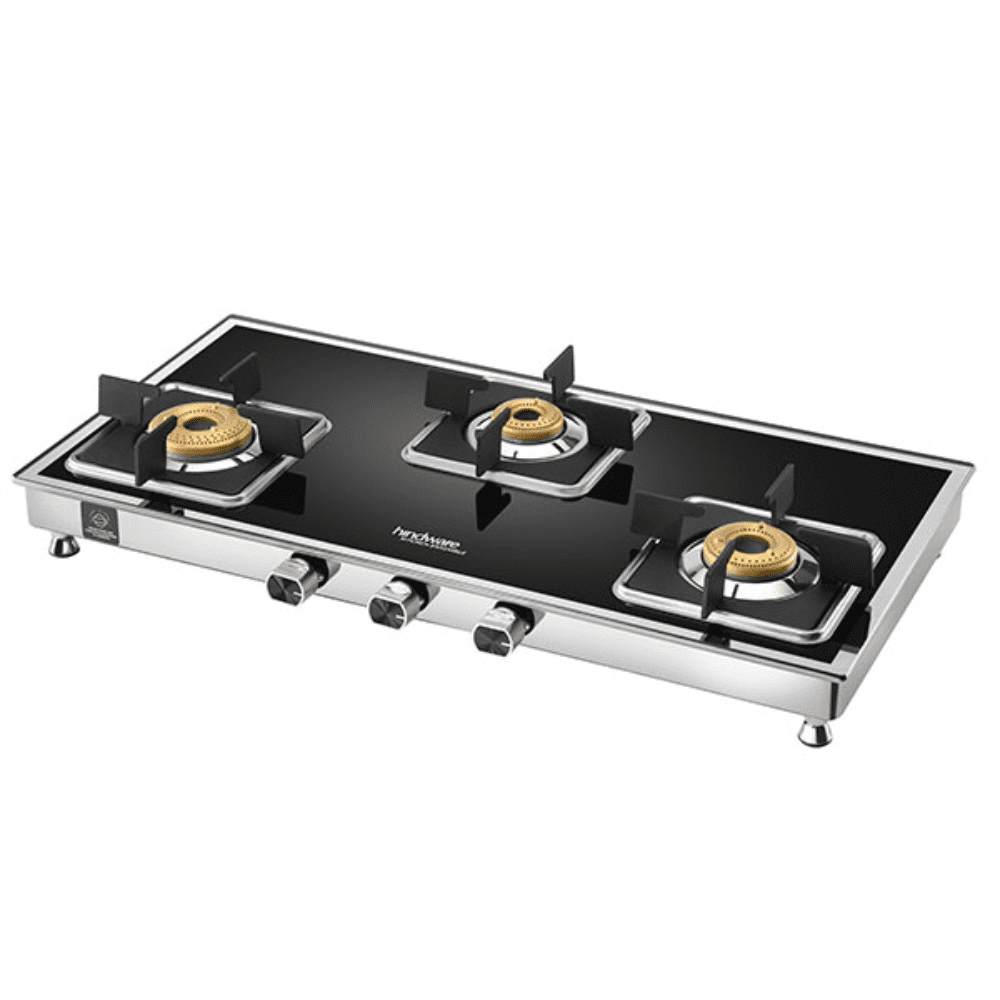 Hindware Cooktop, DARIO SS 3B AI, 3 Burner cm Auto Ignition Glass Top Stainless Steel Burner 3 Medium Gas Stove (Black)