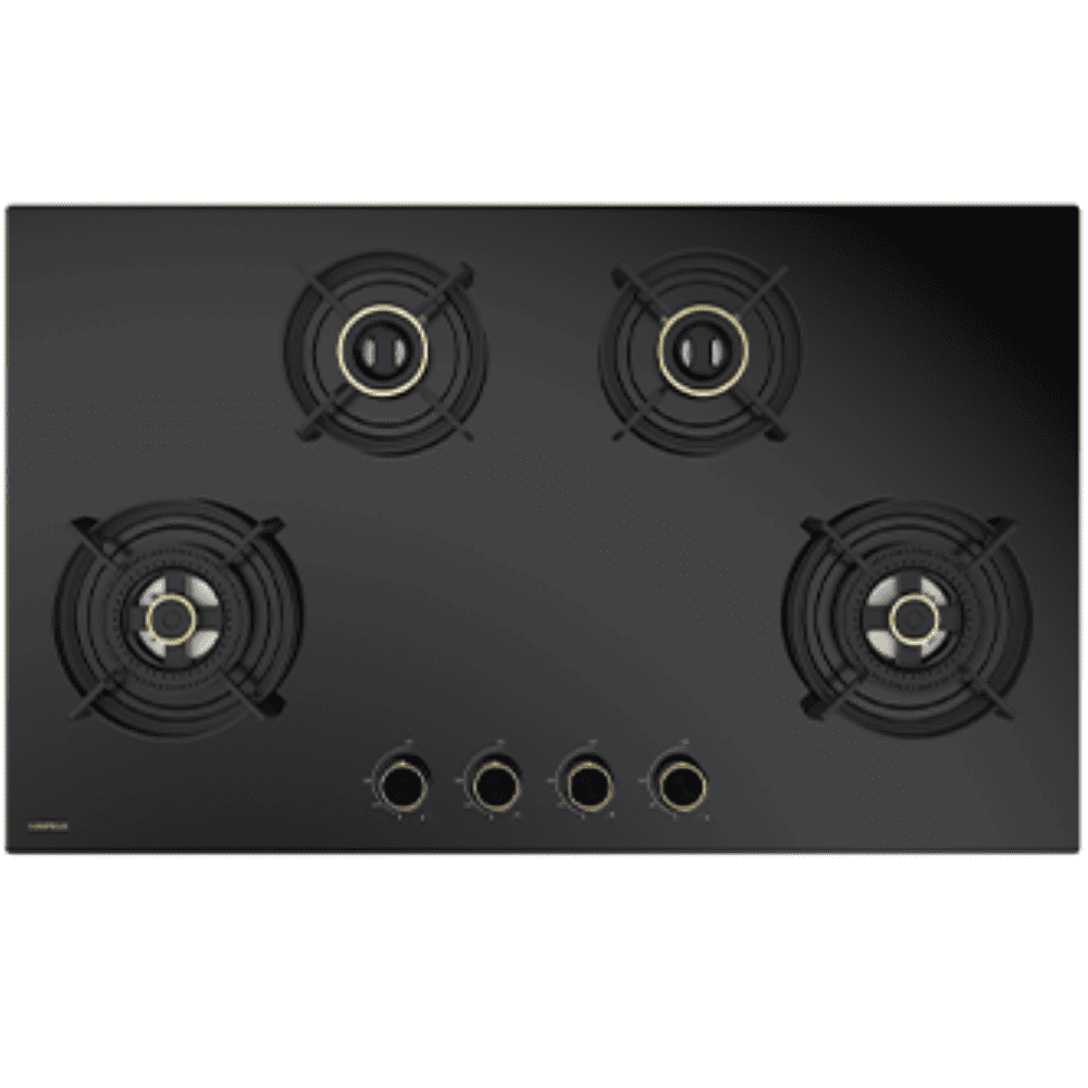 Hafele Hob, VESTA 490, 4 burner 90 cm Auto Ignition Glass Top Full Brass Burners 2 Medium + 2 Small Gas Stove (Black)