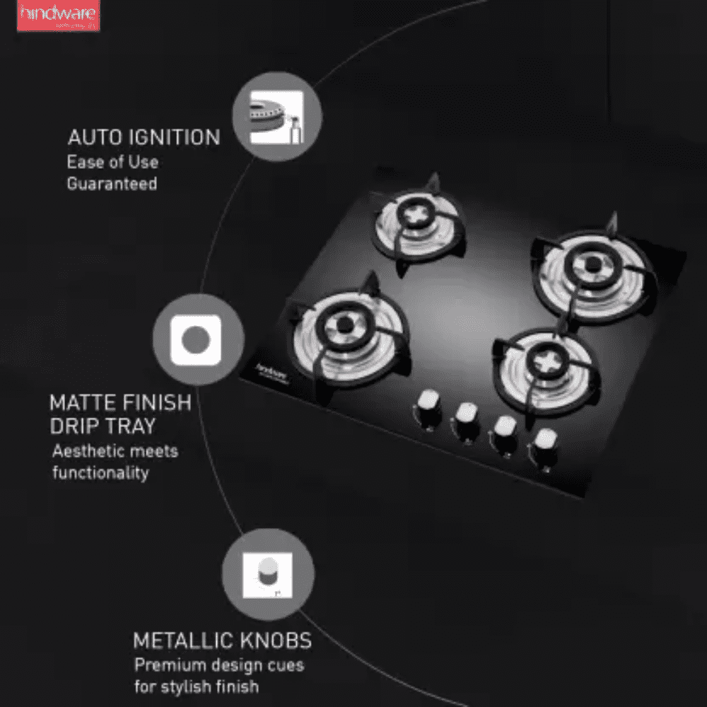 Hindware Hob, SARA+ 4B 60 CM, 4 Burner 60 cm Automatic Electric Glass Top Steel Burners 2 Medium + 1 small +1 High Flame Gas Stove (Black)
