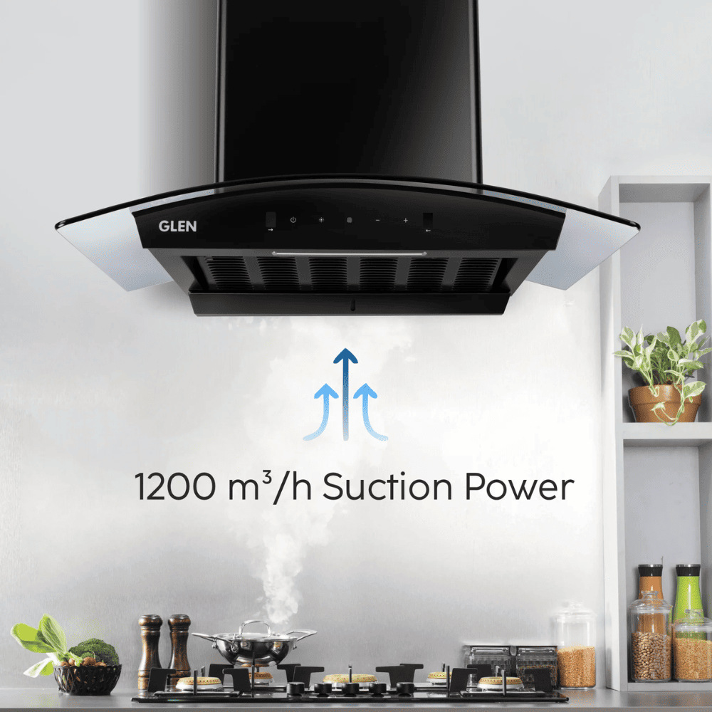 Glen 6058 BL, 75 cm 1200 m3/hr Heat Auto Clean Wall Mounted Curved Glass Kitchen Chimney, Filterless Technology (Black)