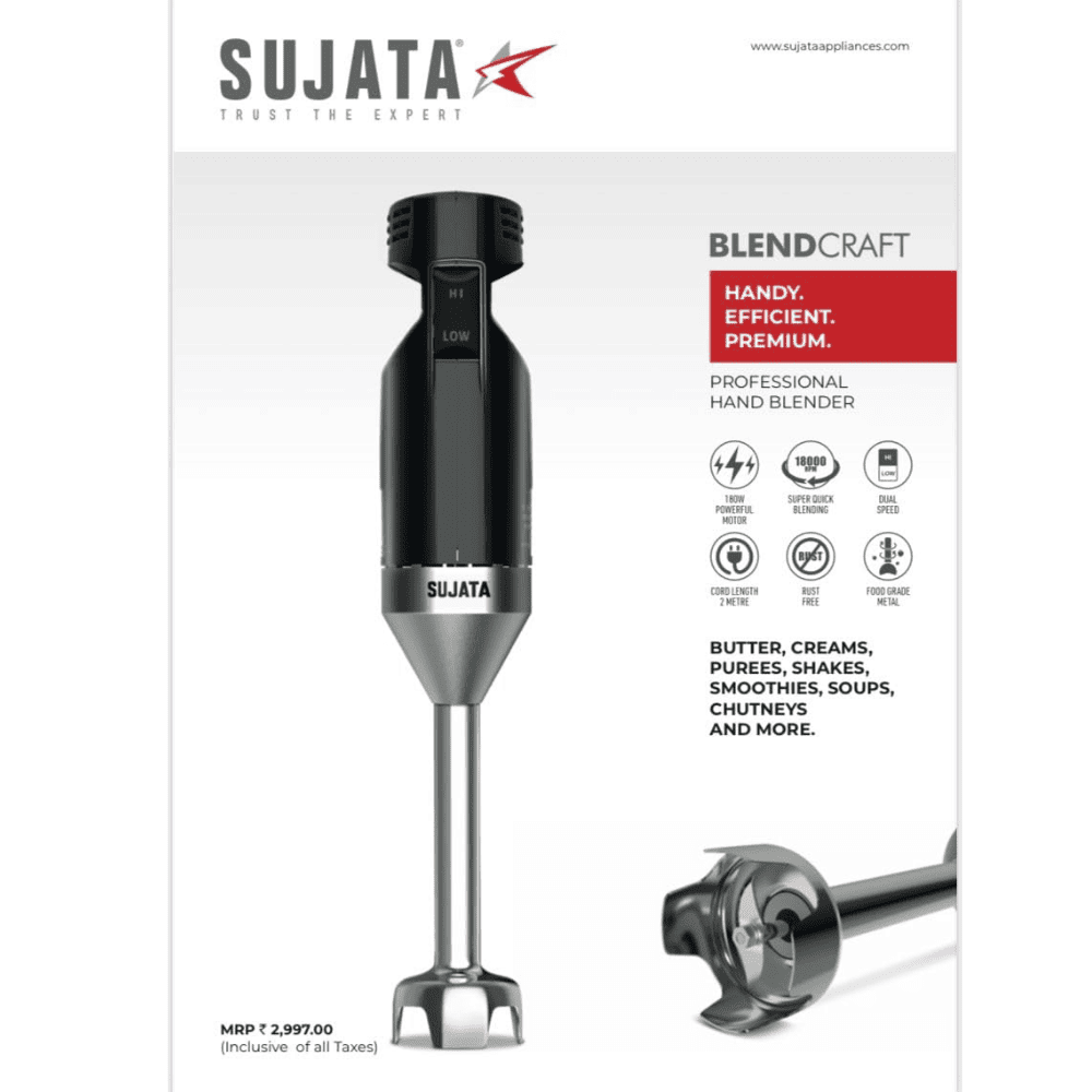 Sujata 180 Watts Stainless Steel Hand Blender (Blendcraft, Black)