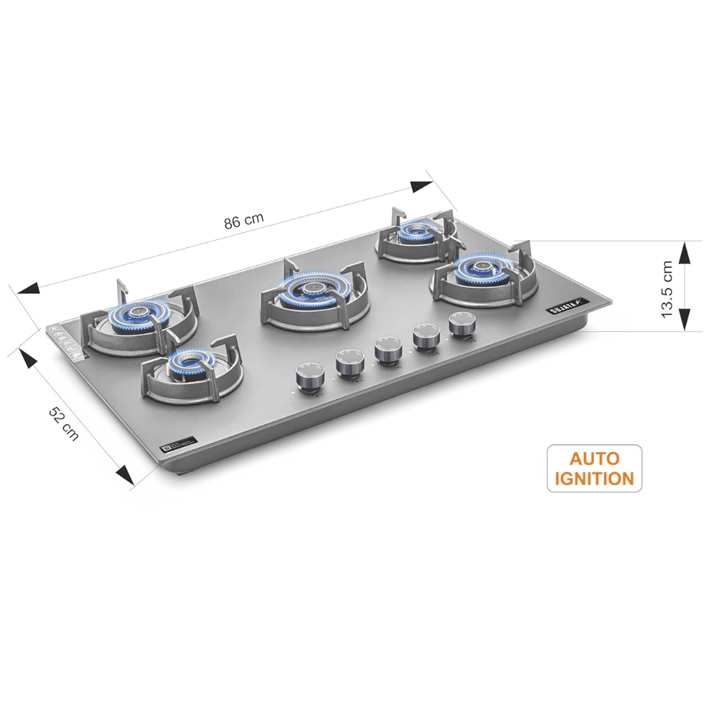 Sujata Hob, 5 Burner 90 cm Auto Ignition Glass Top Brass Burner 1 Larg + 1 Medium + 2 small (Palladium FB 5B86, Black)