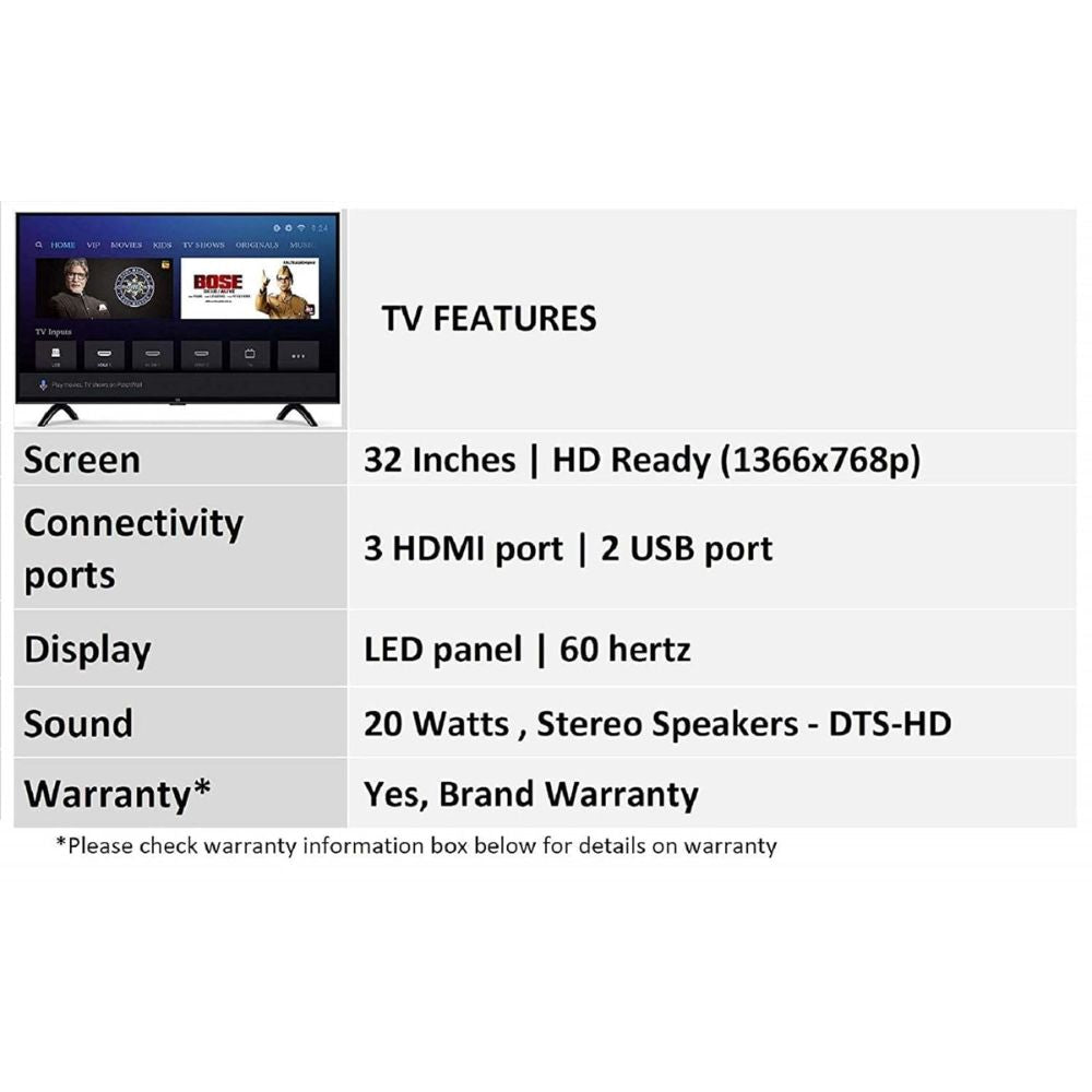 MI Xiaomi LED4C80CM32, 32 Inches HD Ready Smart LED TV, Black