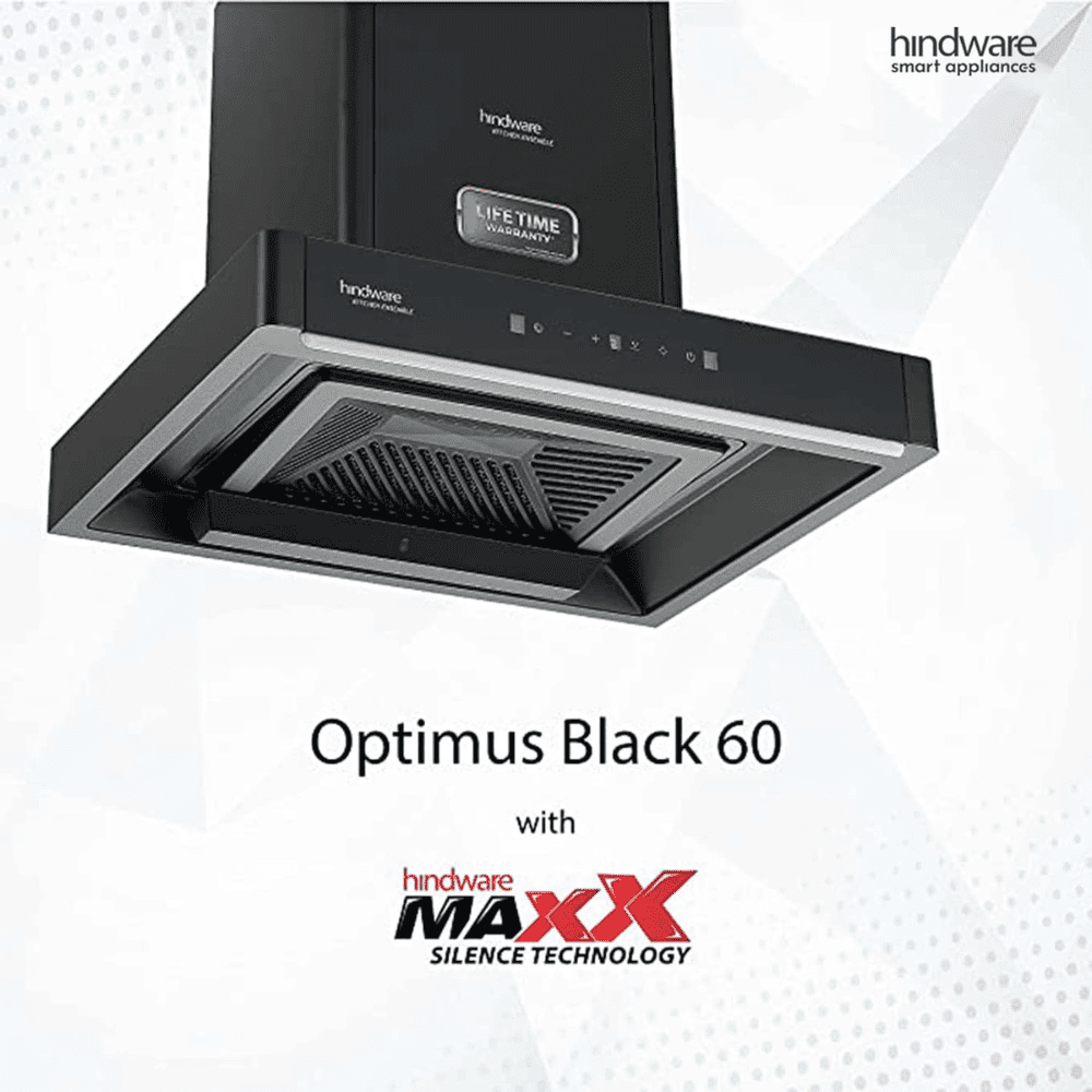 Hindware OPTIMUS BLK, 60 cm 1400 m3/hr Auto-Clean Filterless Wall Mounted Kitchen Chimney (Black)