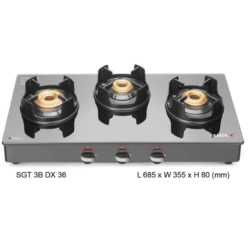 Sujata Cooktop Deluxe AI, 3 Burner Glass Top Auto Ignition Brass Gas Stove (Black)