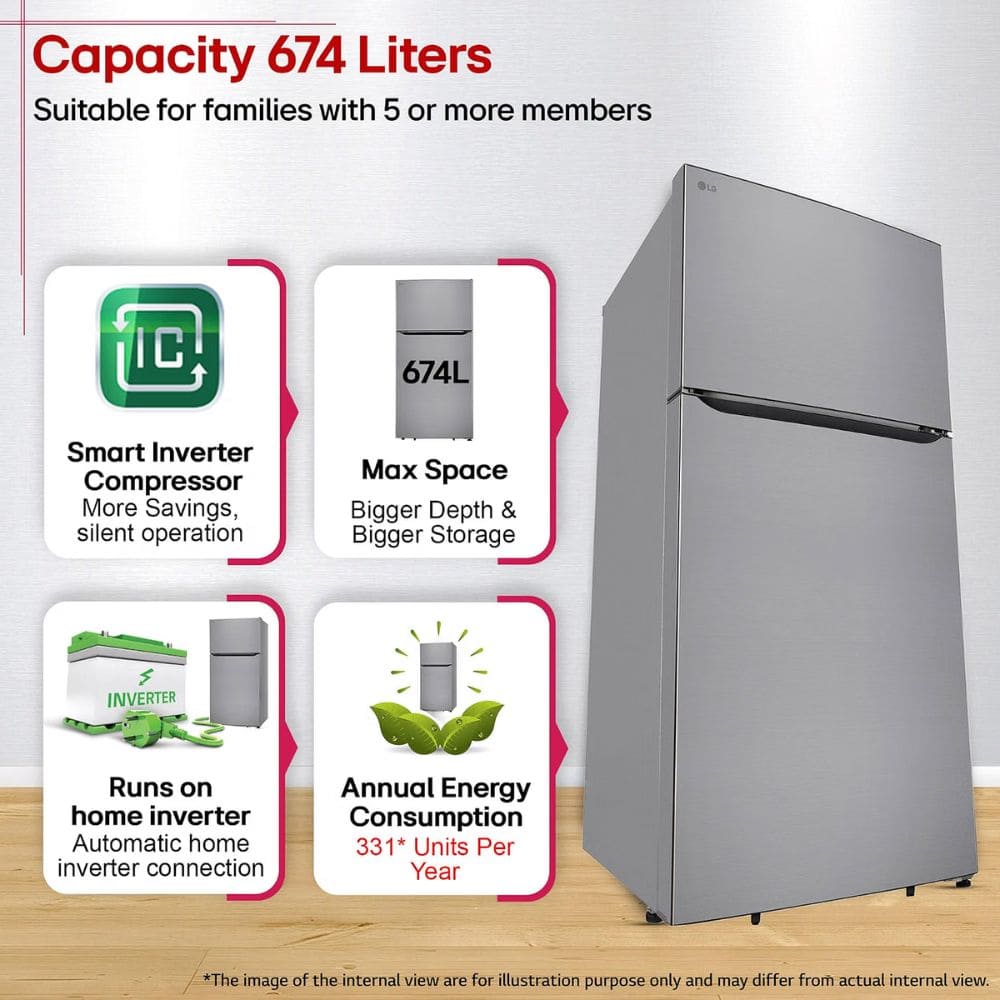 LG 674 Ltrs, 1 Star Smart Inverter Frost Free Double Door Refrigerator (GLT6816ODPZ, Shiny Steel)