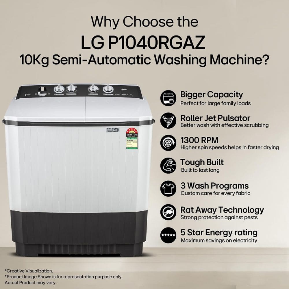 LG 10 Kg 5 Star Semi-Automatic Top Load Washing Machine (P1040RGAZ,Grey)