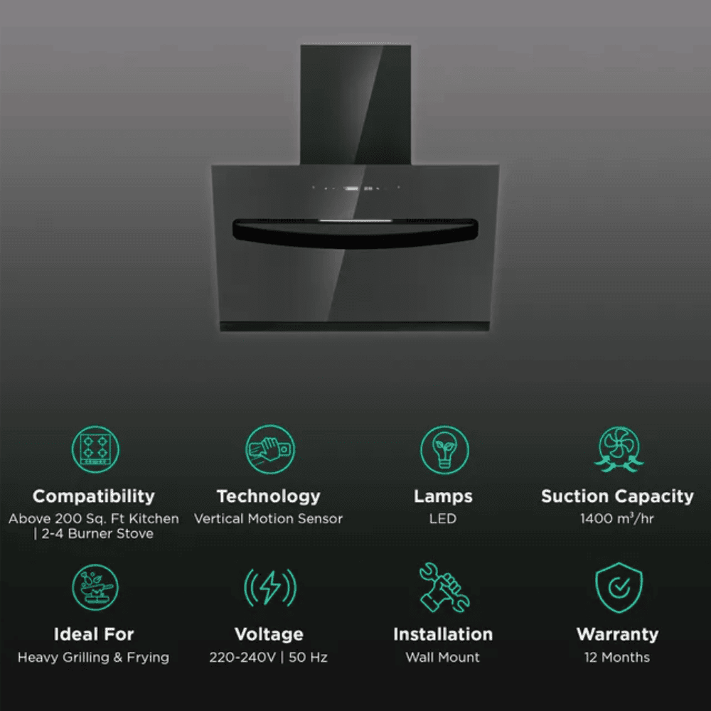 Elica EFLS607 BLDC HAC LTW VMS, 60 cm 1400m3/hr Ducted Auto Clean Wall Mounted Chimney (Black)