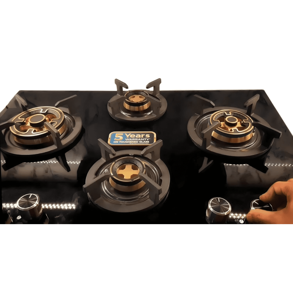 Hindware Hob, ANGELA 4B 76 CM4 Burner 76 cm Auto Ignition Mirror Finished Glass Top Brass Burner 1 Medium +2 Big + 1 Small Gas Stove (Black)
