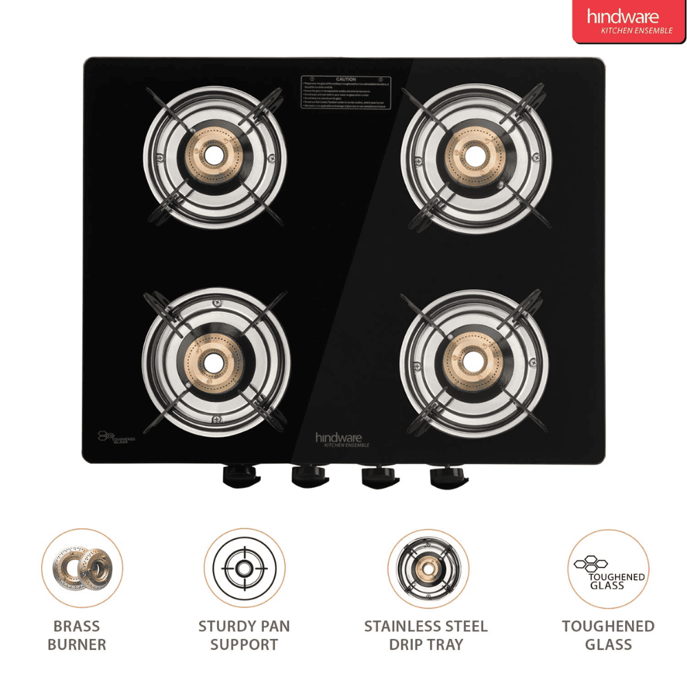 Hindware Cooktop, ARMO 4B GL BLK, 4 Burner Glass Top Brass Burner 2 Medium + 2 small Gas Stove (Black)