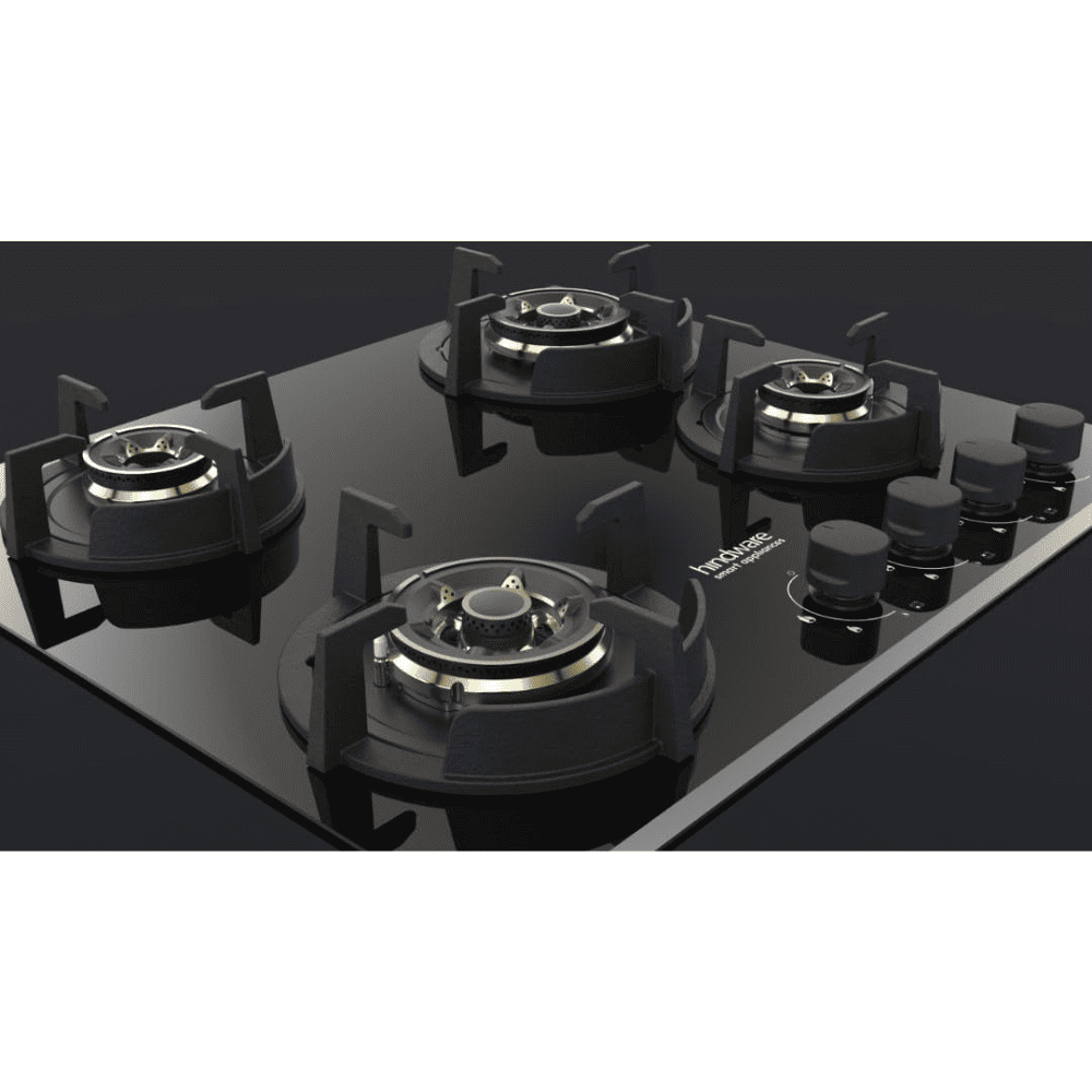 Hindware Hob , HAZEL 4B 60 4 Burner 60 cm Auto Ignition Glass Top Full Brass Burners 2 Medium + 1 small +1 High withFlame Guard Round Pan (Black)