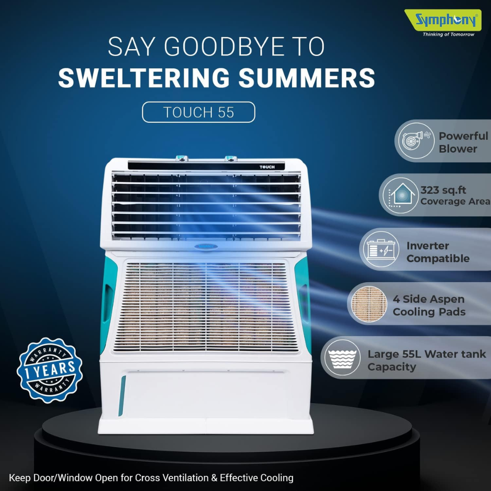 Symphony 55Ltrs Personal Air Cooler with 4-Side Aspen Pads (Touch55l)