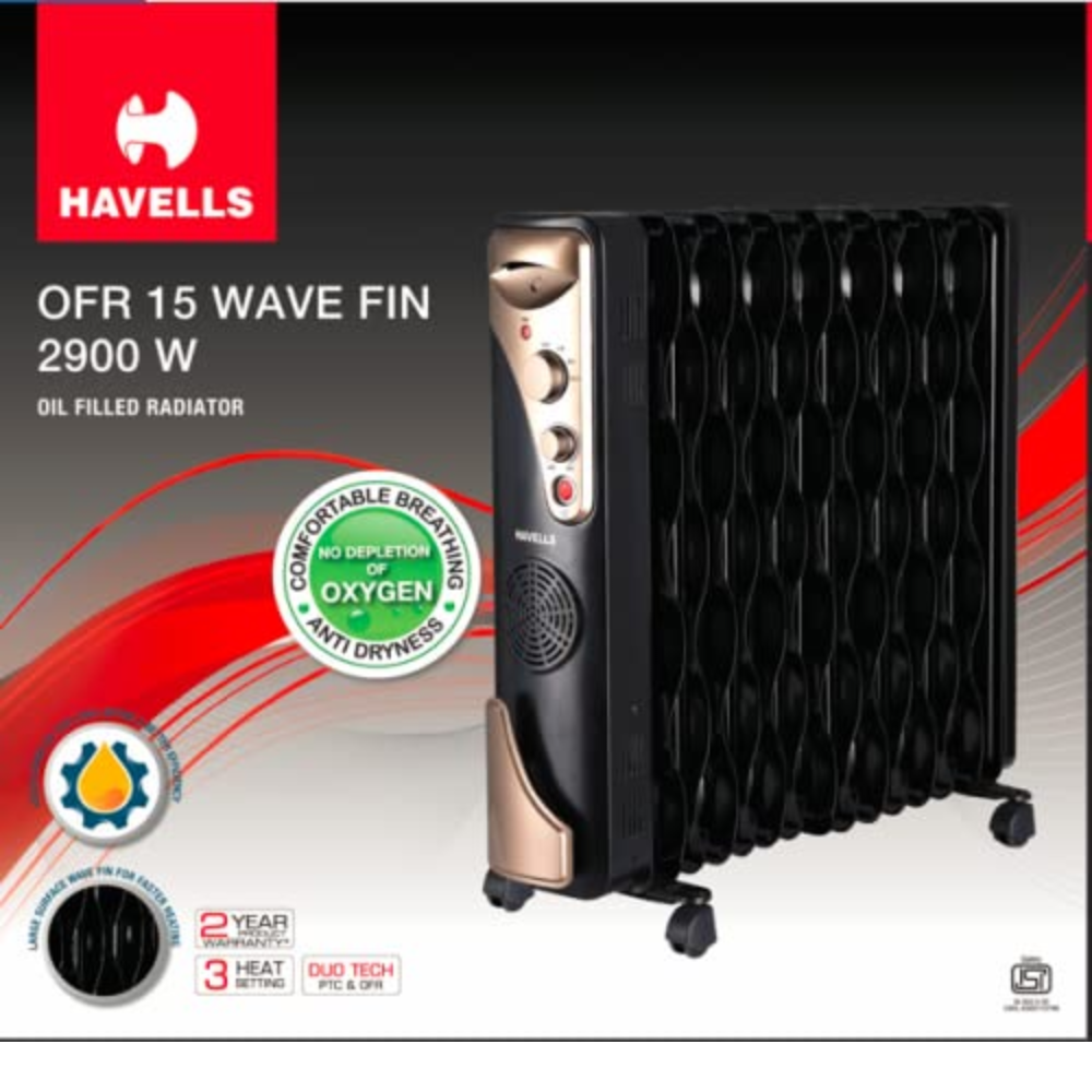 Havells 15 Wave Fins, 2900 Watts Oil Filled Radiators Room Heater with PTC Fan (GHROFBZK290, Black)