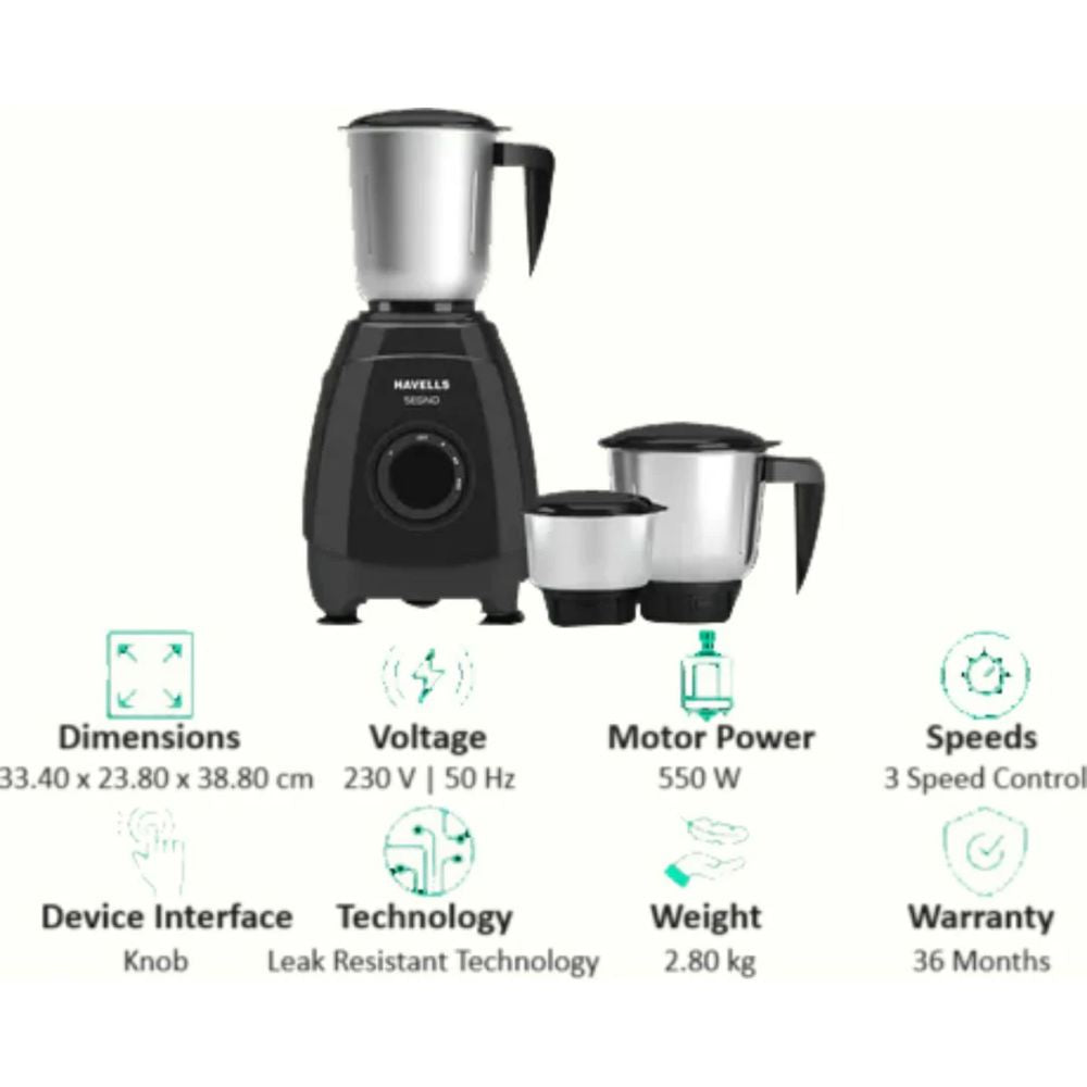 Havells MG SEGNO+, 500 Watt 3 Jars Mixer Grinder (Black)
