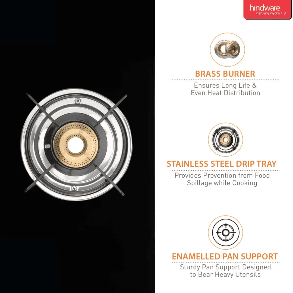 Hindware Cooktop, ARMO GL 3B BLK, 3 Burner Auto Manual Ignition Glass Top Brass Burner 1 Big + 1 Medium + 1 small Gas Stove (Black)