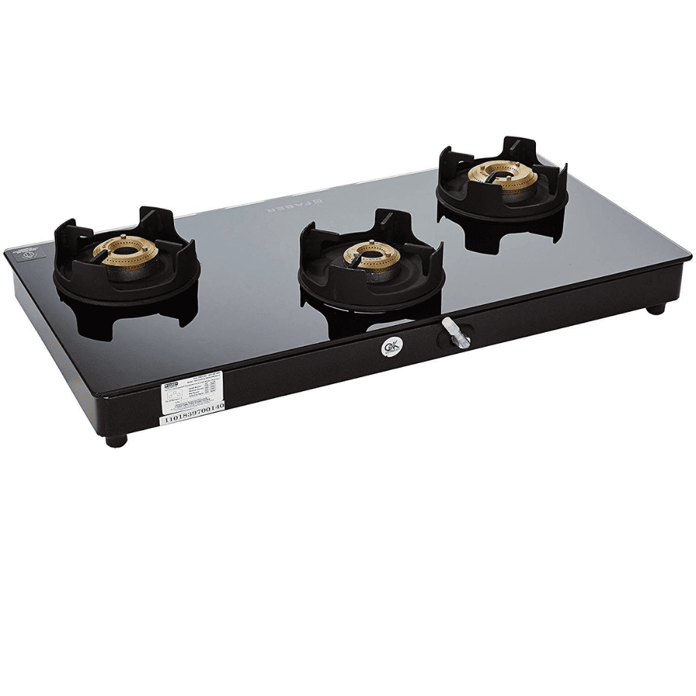 Faber Cooktop, ONYX 3BB BK CI, 3 Burner 70 cm Manual Ignition Glass Top Brass Burners 1 Small + 2 Medium Gas Stove (Black)
