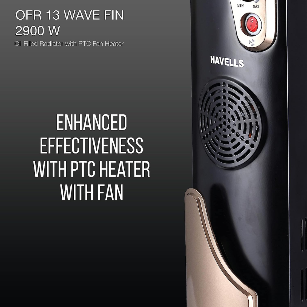 Havells 13 Wave Fins, 2900 Watts Oil Filled Radiators Room Heater with PTC Fan (OFR 13F, Black)