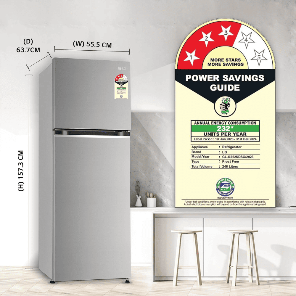 LG 246 Ltrs 2 Star, Inverter Frost Free, Double Door Refrigerator (GL-S262SDSX)
