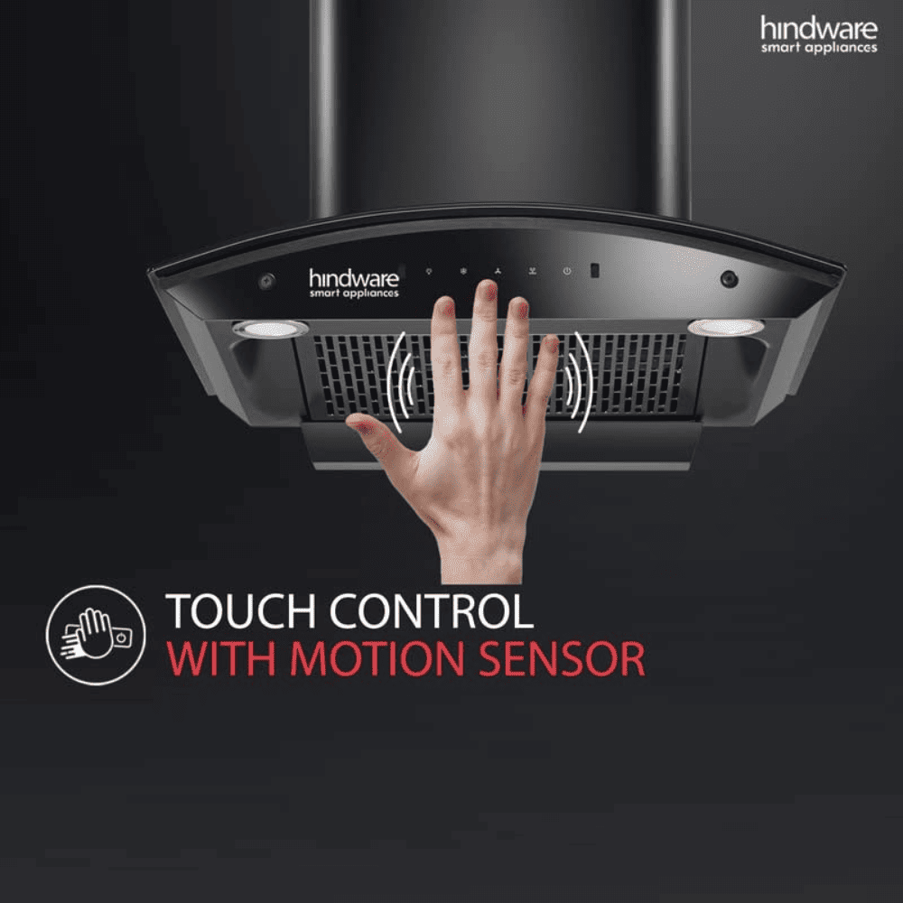Hindware Divina BLK, 60 cm 1200 m3/hr Auto-Clean Kitchen Chimney With Motion Sensor & Touch Control (Black)
