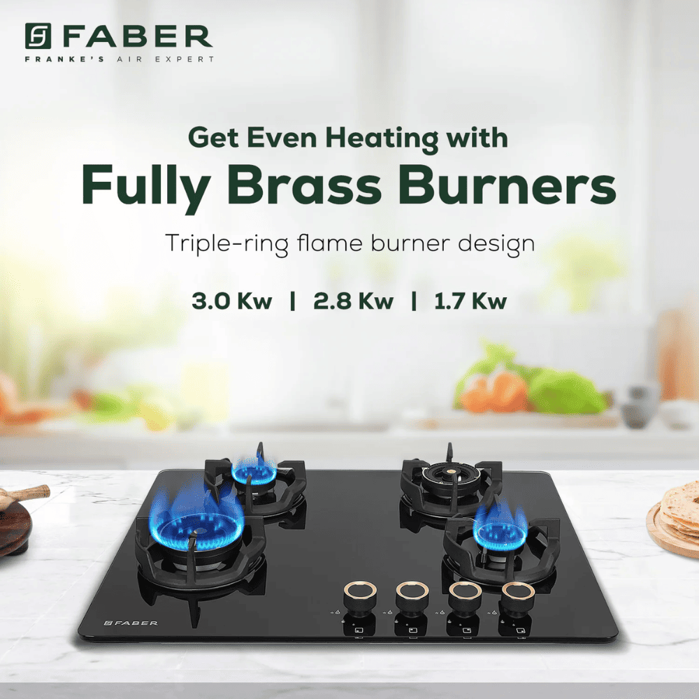 Faber Hob EXPERIA HT704 ALU AI, 4 burner 70 cm Auto Ignition Glass Stainless Steel Design Brass Burners 2 Medium + 1 Small + 1 High (Black)