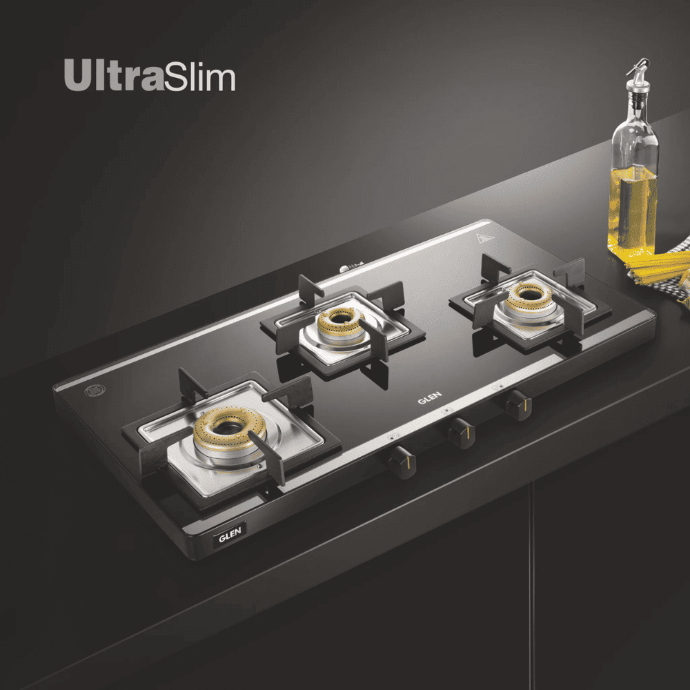 Glen Cooktop, 1035 ULTRA SLIM BLK AI, 3 Burner Auto Manual Ultra Slim Apricot Glass Top Brass Burner 1 Medium + 1 small +1 High Flame Gas Stove (Black)