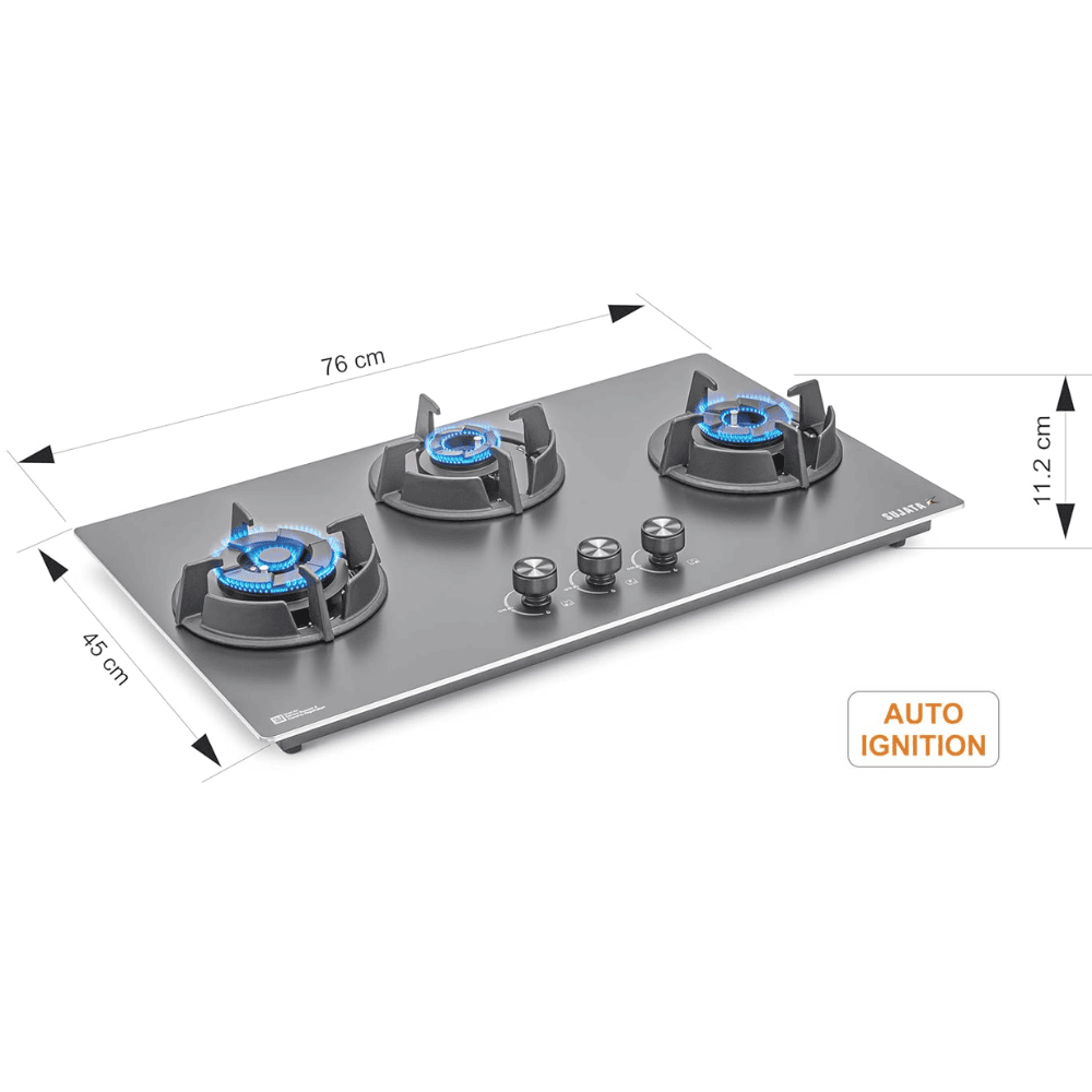 Sujata Hob, 4 Burner 78 cm Auto Ignition Stainless Steel Burner 1 Larg + 1 Medium + 1 small (Indium 3B78, Black)