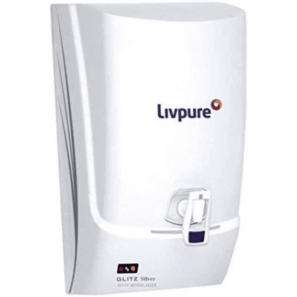 Livpure Glitz Silver, 7 Ltrs Storage Tank Wall Mountable RO UF Mineralizer RO Water Purifier, White