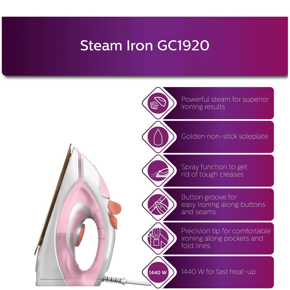 Philips GC1920/28, 1440 Watt, Steam Iron (Pink)