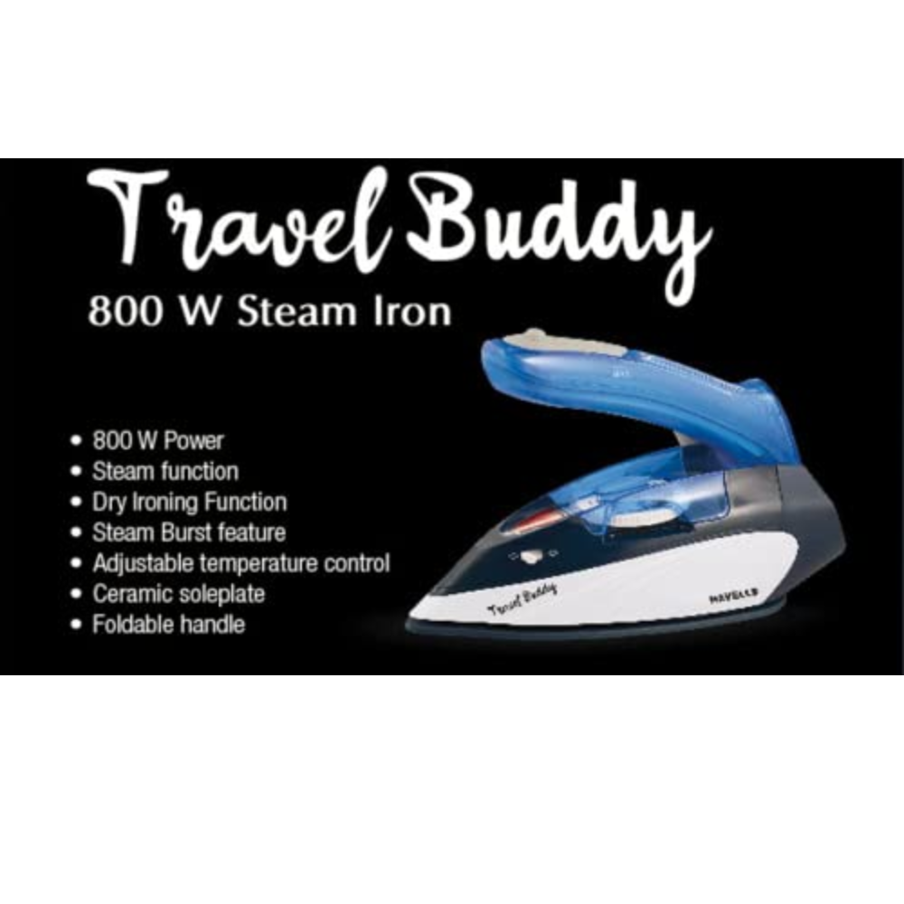 Havells Travel Buddy, Plastic 800 Watts Steam Iron with Steam Burst, Cermanic Sole Plate (Black)