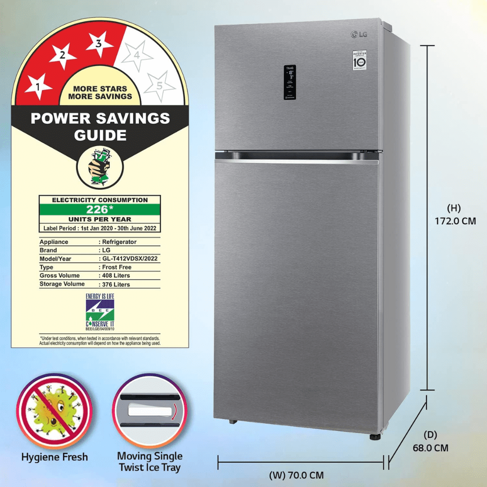 LG 408 Ltrs 3 Star Smart Wi-Fi Frost Free Double Door Refrigerator (GL-T412VDSX, Dazzle Steel)