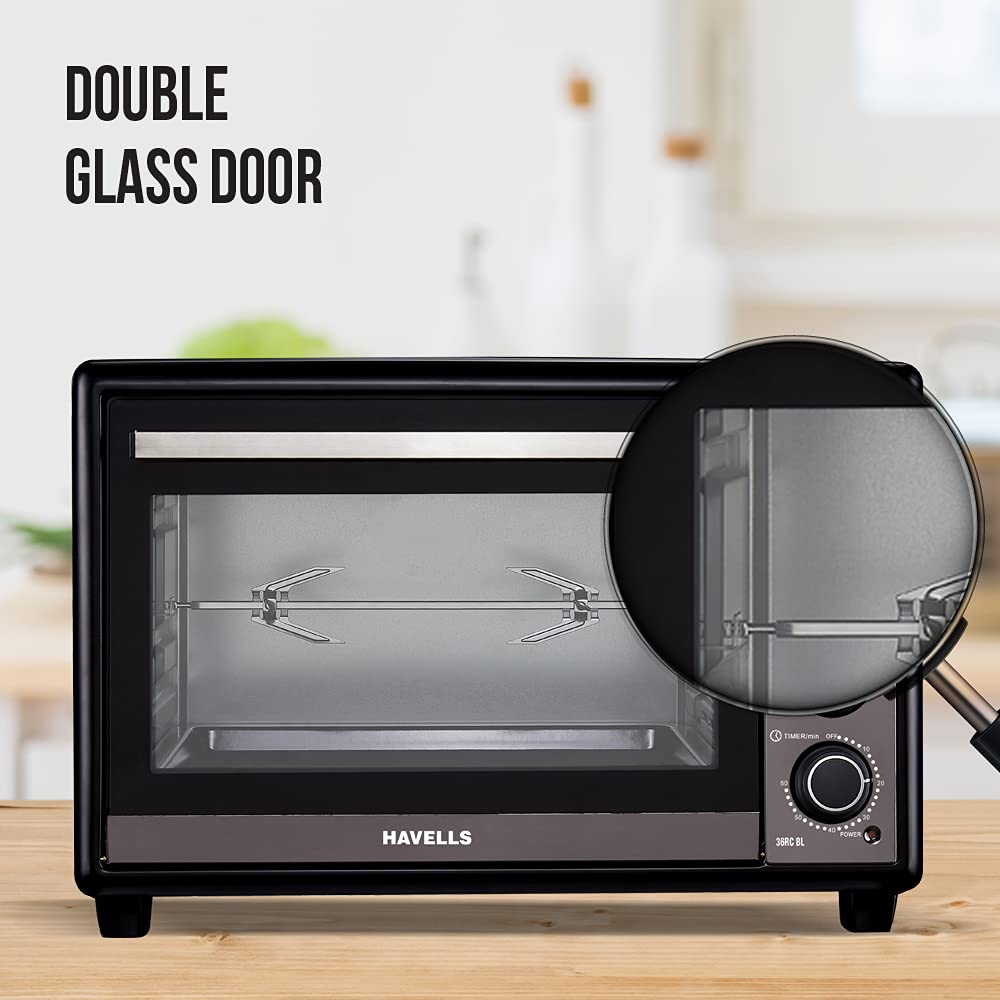 Havells 36RC, 1500 Watts 36 LitresToughened Double Glass Door Oven, 4 Knob with Dual Thermostat (Black)