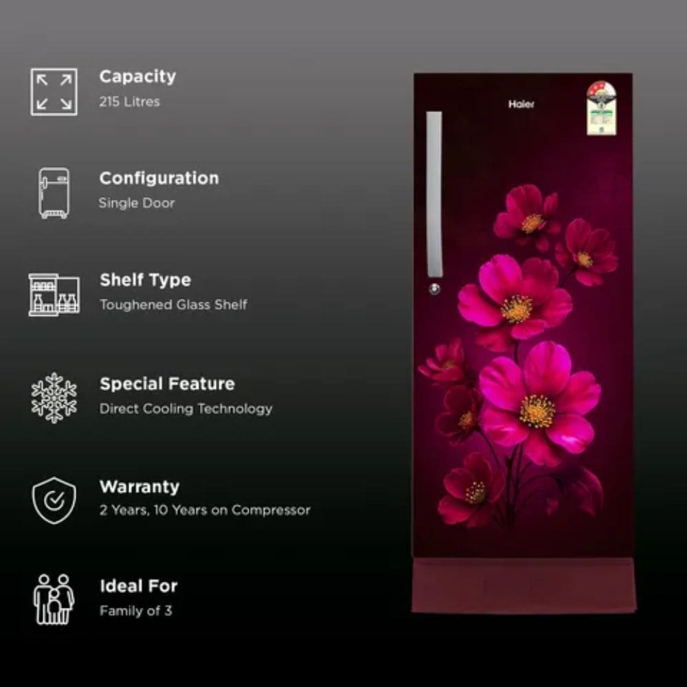 Haier 215 Ltrs, Direct Cool Single Door Refrigerator with Base Drawer 3 Star Red Xsenia, HRD 2353PRXA P