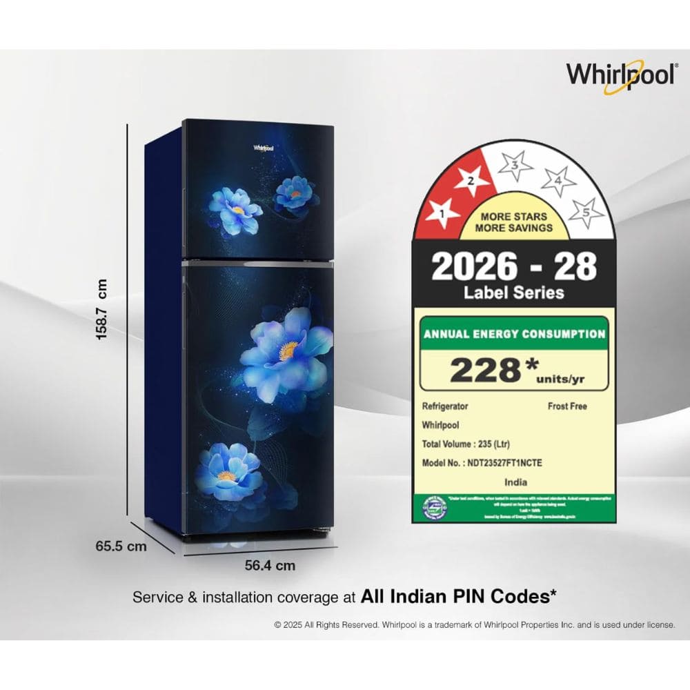 Whirlpool 235 Ltrs, 2 Star Frost Free Double Door Inverter Refrigerator (NEO SP278 PRM SAPPHIRE SILK 2S)