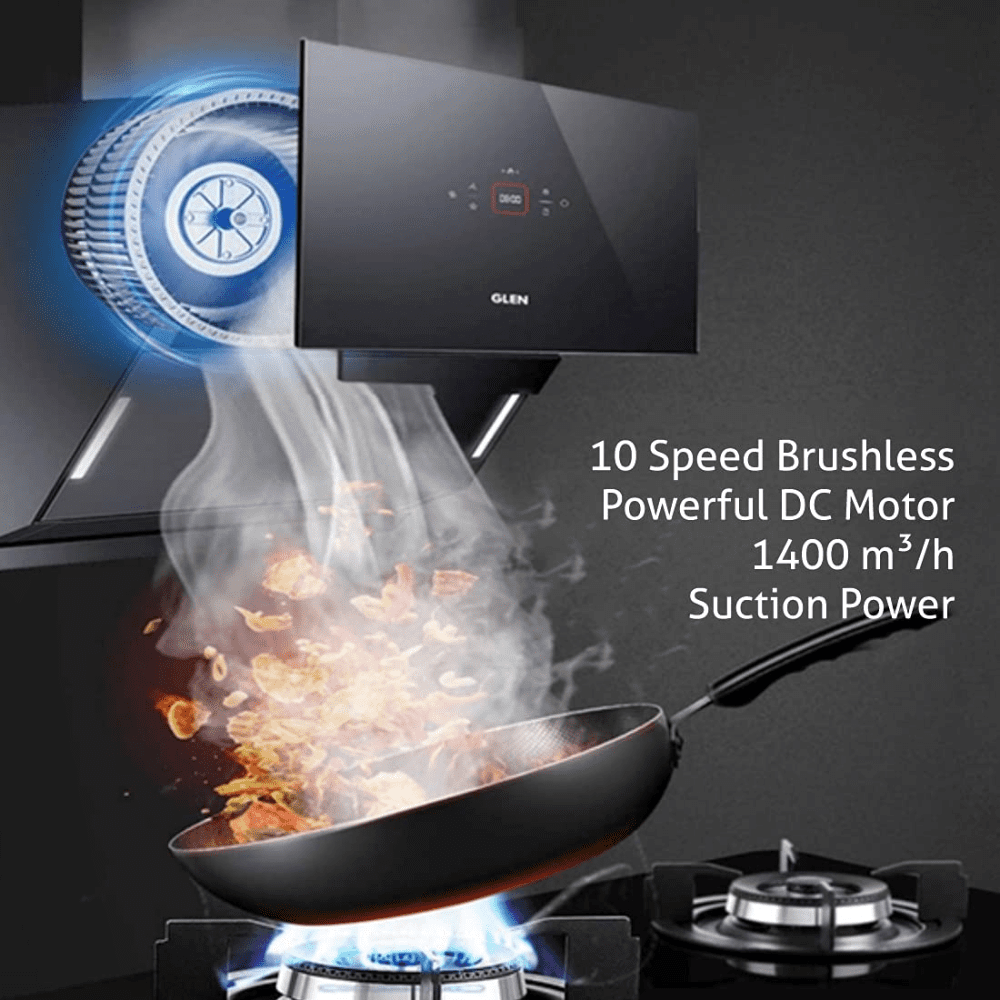 Glen 6074, 90 cm 1400 m3/hr Auto Clean Vertical Glass Kitchen Chimney, Filterless Technology (Black)