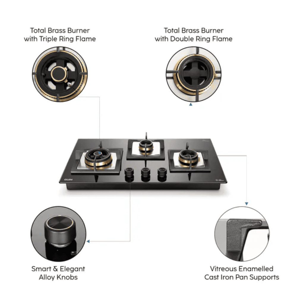 Glen Hob, 1073 SQ HT DB TR, 3 burner 73 cm Auto Electric Ignition Matt Finish Brass Burners 1 Medium +1 Small + 1 High Gas Stove (Black)