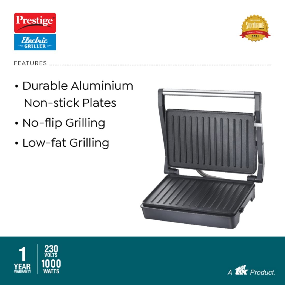 Prestige PEG 6.0, 1000 Watts Electric Griller with Durable aluminium non-stick plates (Red & Black)