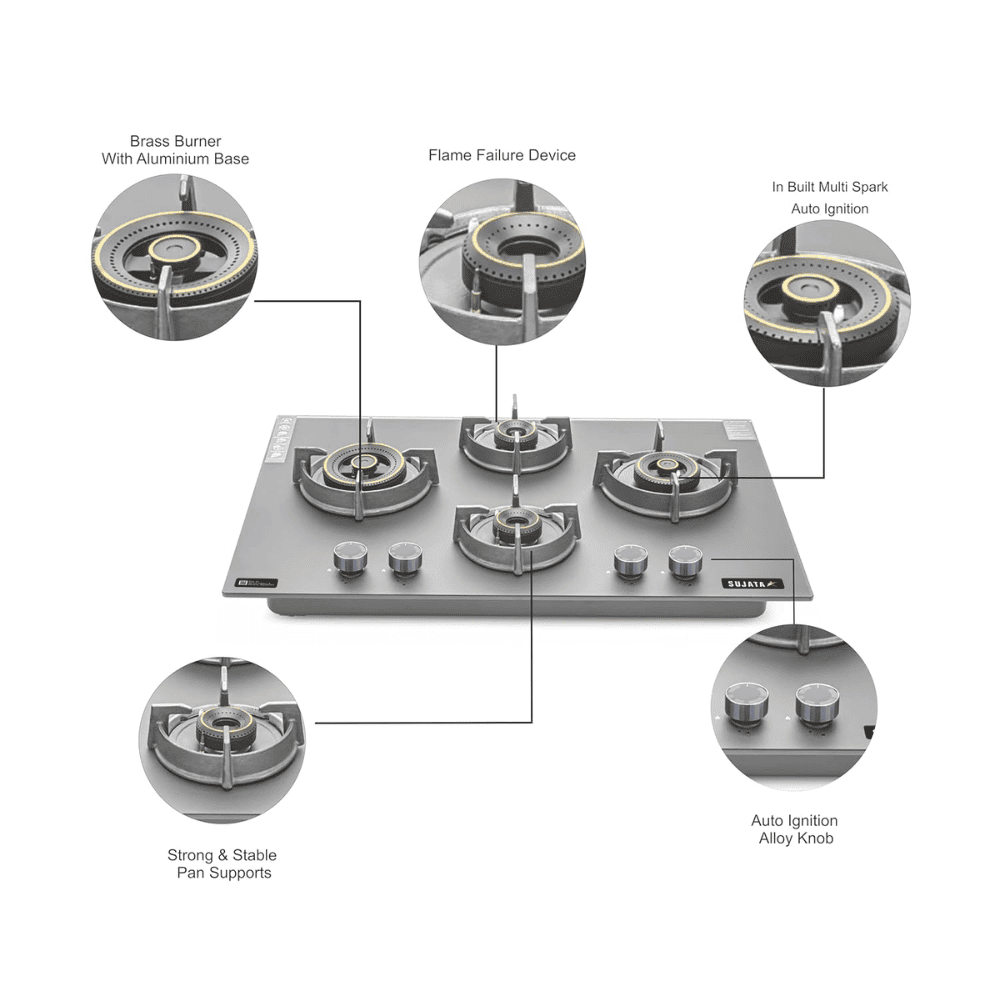 Sujata Hob, 4 Burner 78 cm Auto Ignition Stainless Steel Burner 1 Larg + 1 Medium + 1 small (Indium 4B78TP, Black)