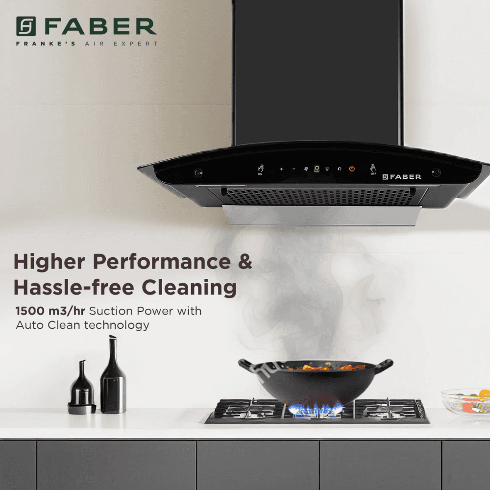 Faber MYSTIC, 60 cm 1200 m3/hr Heat Auto Clean Wall Mounted Curved Glass Kitchen Chimney (Black)