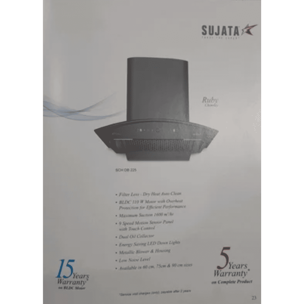 Sujata Ruby, 60 cm 1200 m3/hr Kitchen Chimney with BLDC Motor Touch Control+Motion Sensor (Black)