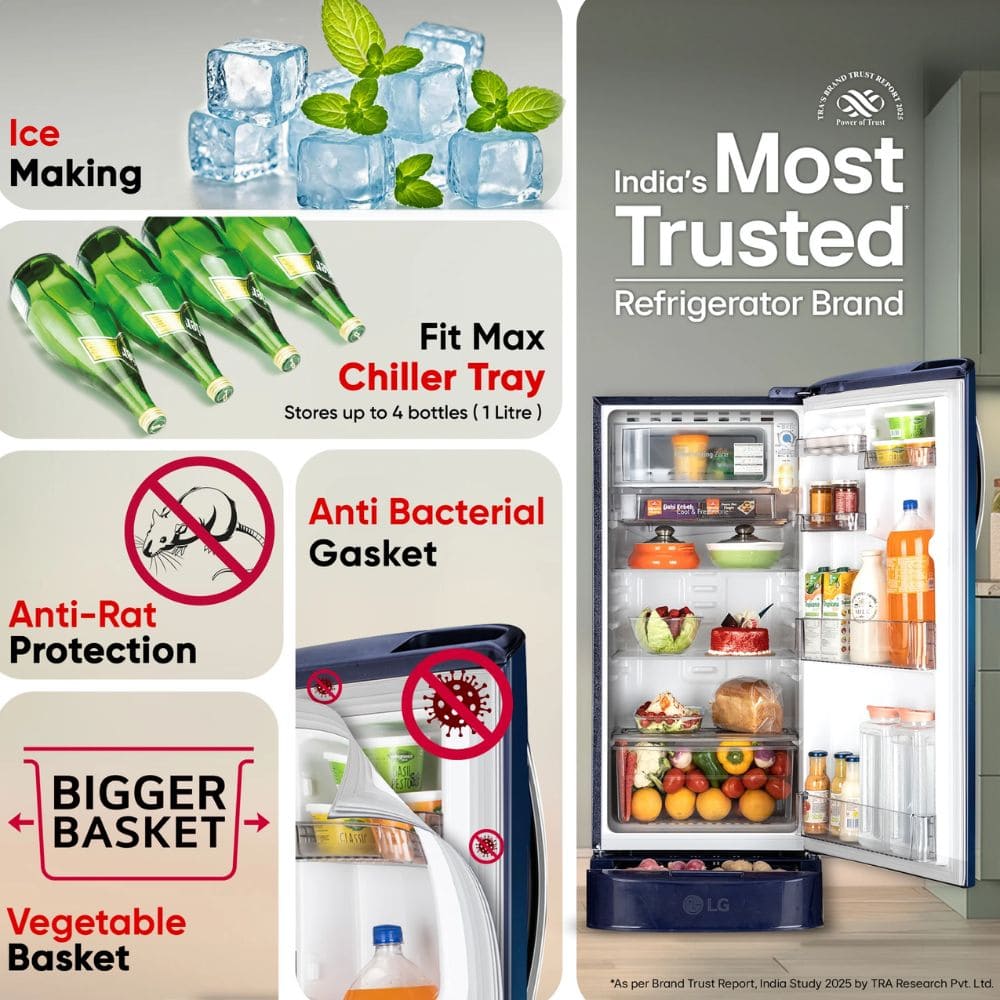 LG 185 Ltrs 3 Star Inverter Single Door Refrigerator (GLD1936YABW, Blue Water)