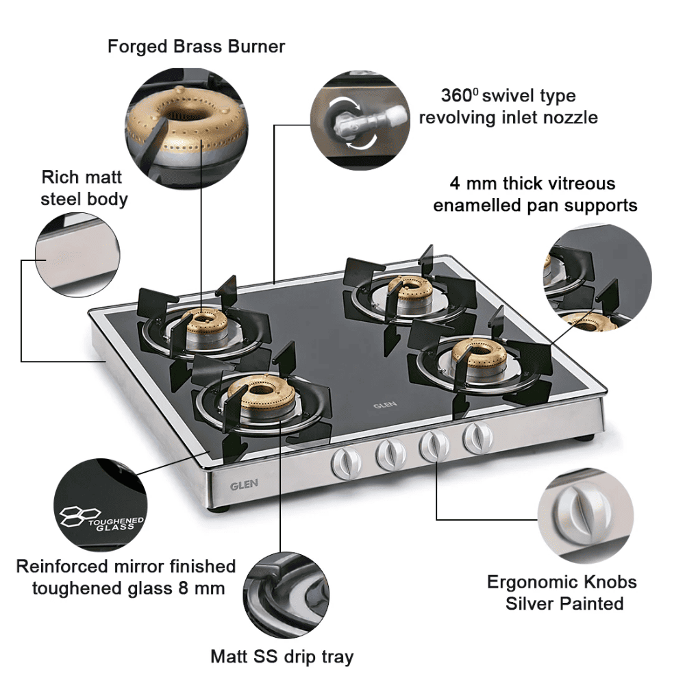 Glen Cooktop,1042 GT FORGED BB MIRROR, 3 Burner 60 cm Auto Manual Glass Top Brass Burner 1 Big + 1 Medium + 1 small Gas Stove (Black)