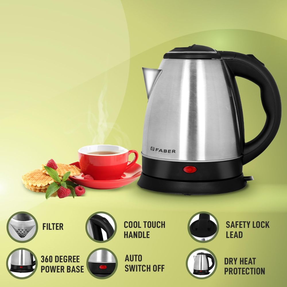 Faber FK 1.5 SS, 2200 Watts 1.5 Litres Stainless Steel Electric Kettle, Mirror polish SS Body (Black)
