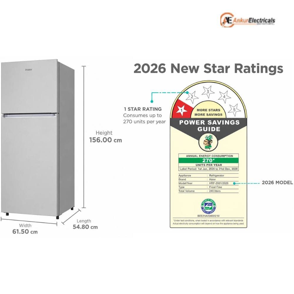 Haier 240 Ltrs, 1 Star Frost Free Double Door Top Mount Refrigerator (HRF 2901EMSA P, Moon Silver)
