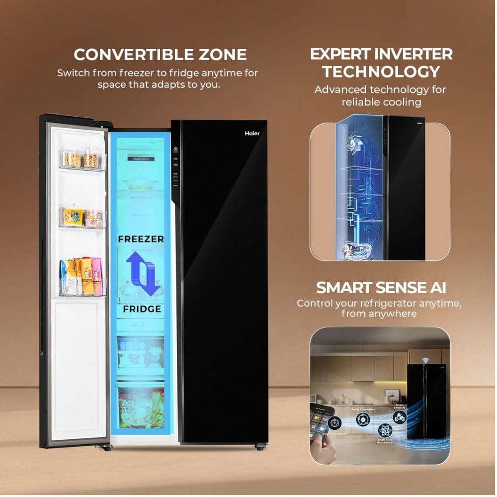 Haier 602 Ltrs, 3 Star Expert Inverter Frost Free 2 Door Side by Side Refrigerator (HRS 682KGU1, Black Glass)