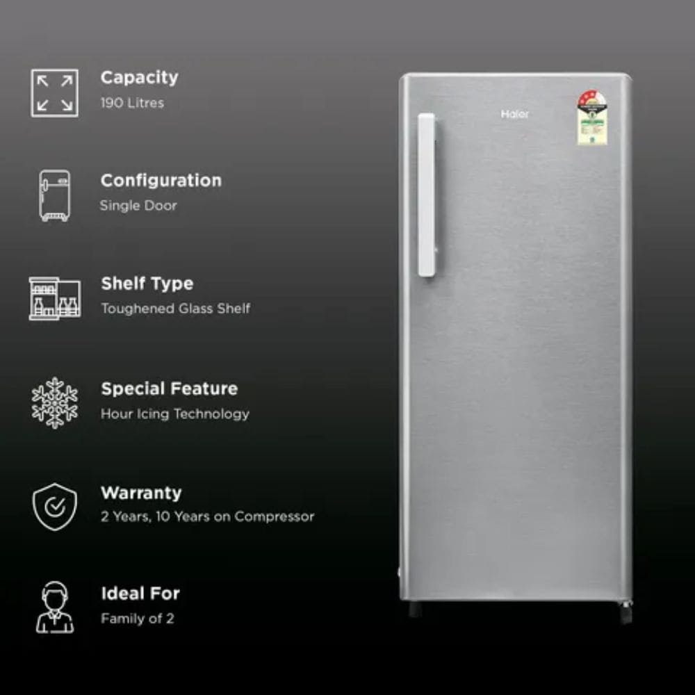 Haier 190 Ltrs, 2 Star Direct Cool Single Door Refrigerator (HRD 2113BBSA N, Brushline Silver)