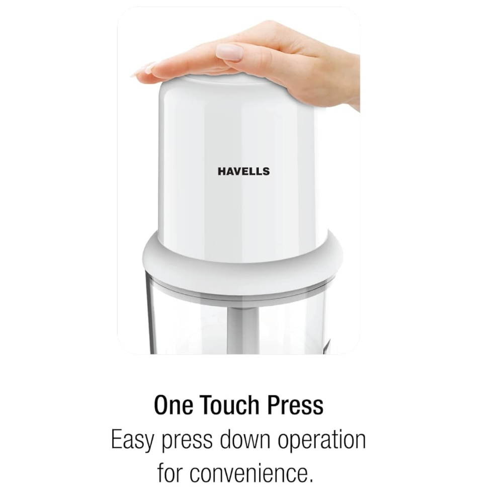 Havells Coral, 200 Watts Stainless Steel Blade Electric Chopper with 750ML Choping Bowl (White)