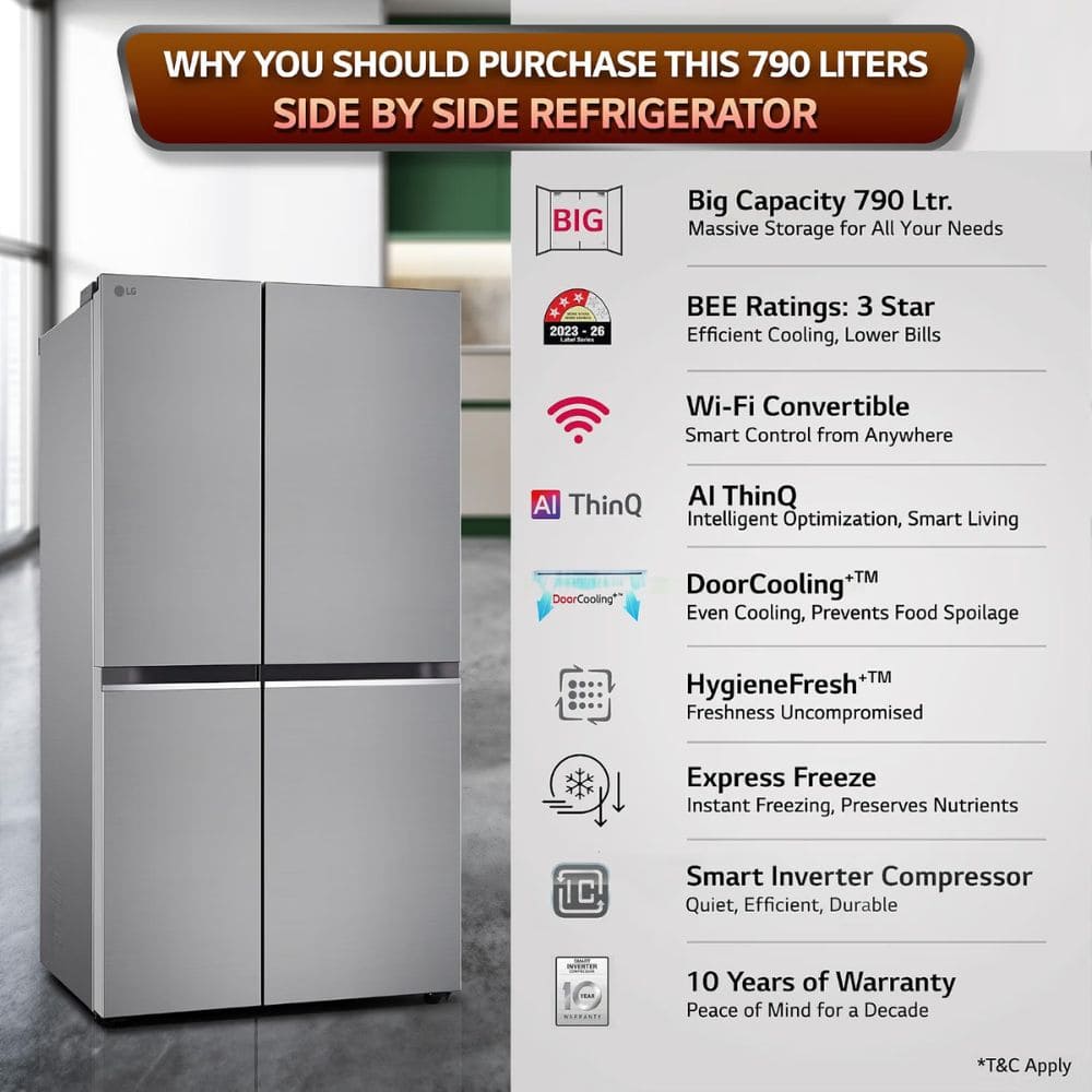 LG Smart Choice 790 Ltrs, 3 Star Frost Free Side By Side Refrigerator (GL-B277GPZ3, Shiny Steel)