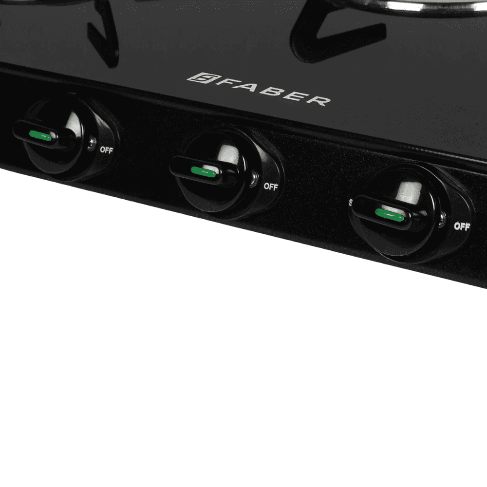 Faber Cooktop, Jumbo 3BB BK, 3 Burner 77 cm Manual Ignition Glass Top Brass Burners 3 Medium Gas Stove (Black)
