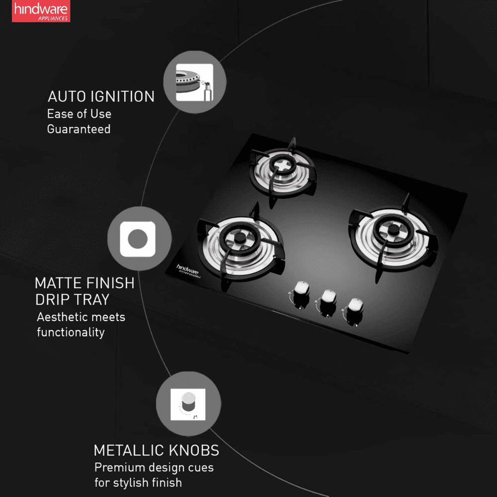 Hindware Hob, NORA PLUS 3B 60CM, 3 Burner 60 cm Auto Ignition Glass Top Stainless Steel Burners 2 Medium + 1 Small Gas Stove (Black)